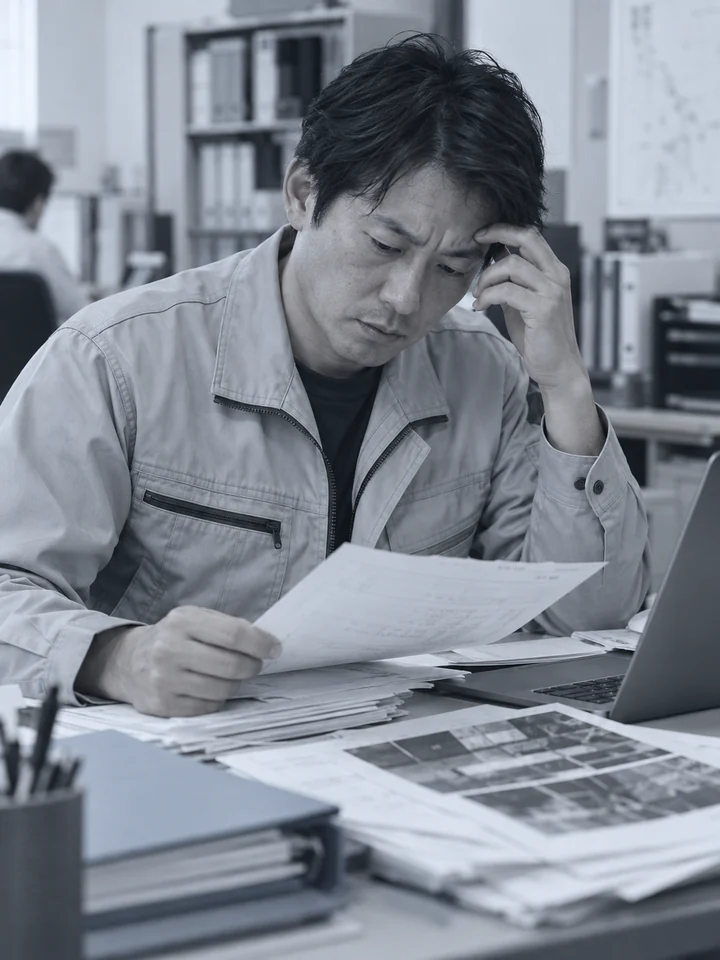 書類の取りまとめに悩む担当者のイメージ